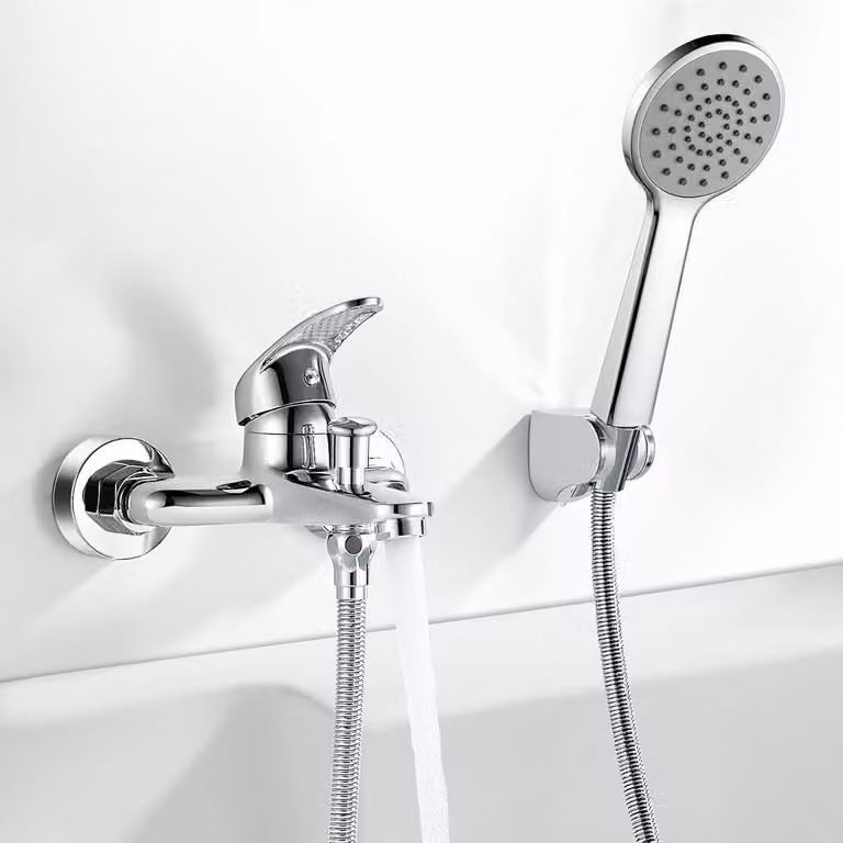 Miscelatore da bagno con doccetta manuale, da montare a parete, finitura cromata, tubo flessibile da 1,5 metri, per bagno
