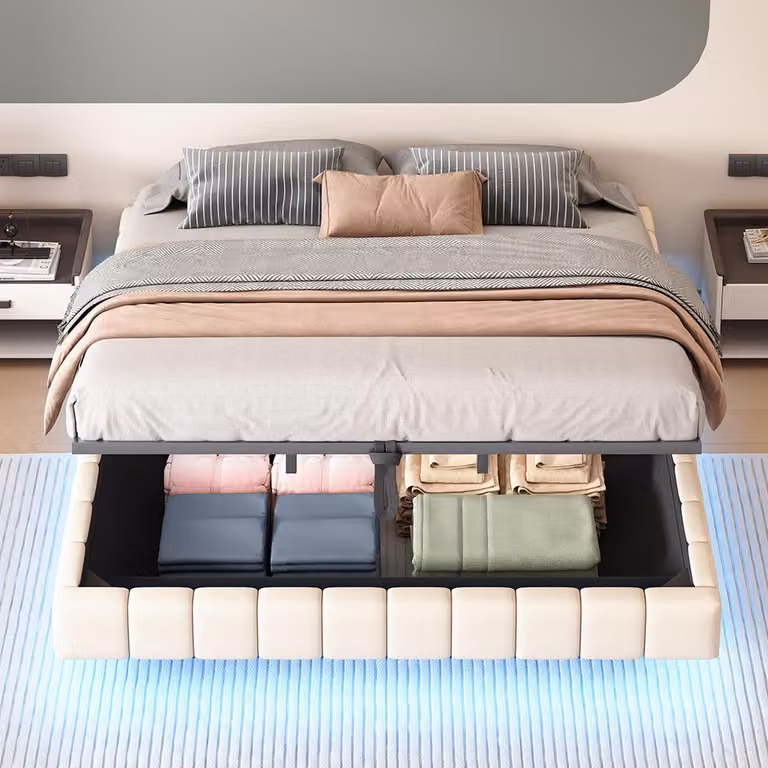 Letto imbottito Sweiko 180x200 cm, giroletto idraulico con contenitore, senza testata , Beige