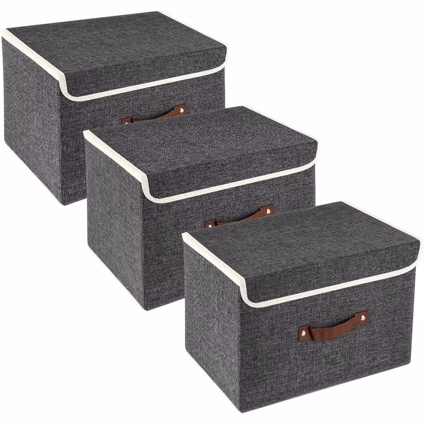 Contenitore pieghevole con coperchio, in tessuto, lavabile, set da 3, colore nero, dimensioni 38x25x25 cm