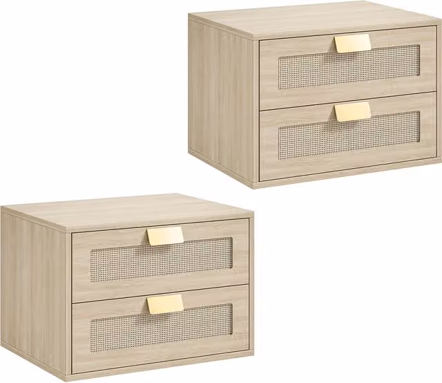 Set di 2 comodini sospesi HOMCOM con 2 cassetti e ripiano effetto rattan, Rovere