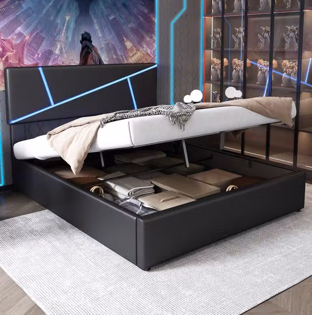 Letto imbottito 140 x 200 cm con testiera LED; contenitore idraulico e PU nero