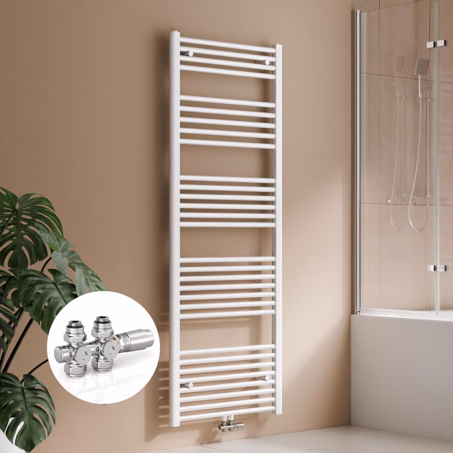 Radiatore da bagno 160 x 60 cm, 761 W, bianco, con kit valvola per collegamento centrale, design lineare, radiatore asciuga-asciugamani – S'AFIELINA