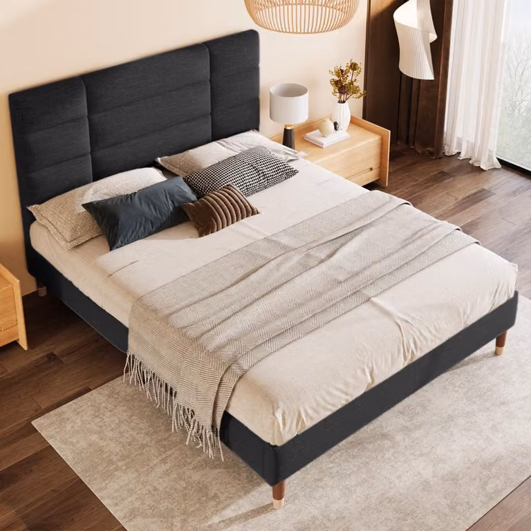 Letto imbottito 140x200 cm con rete a doghe (senza materasso), telaio letto in lino nero con testiera, spazio contenitore, letto matrimoniale dal design moderno