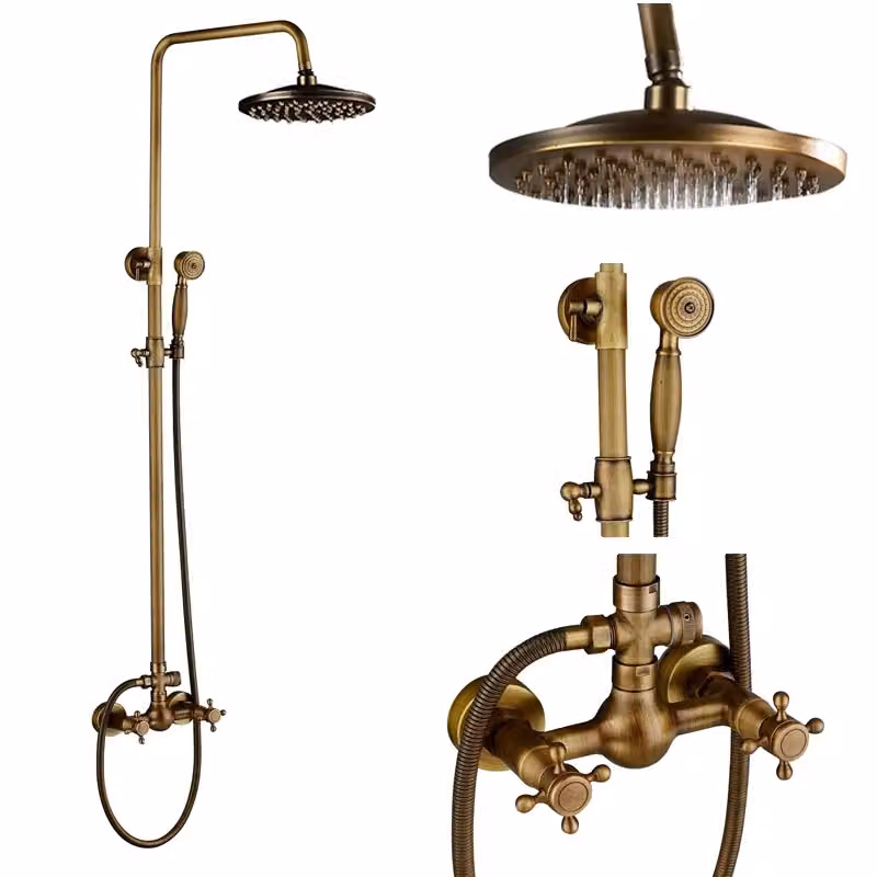 Set di rubinetti per doccia, finitura in ottone antico, soffione a pioggia da 8 pollici, ottone antico A
