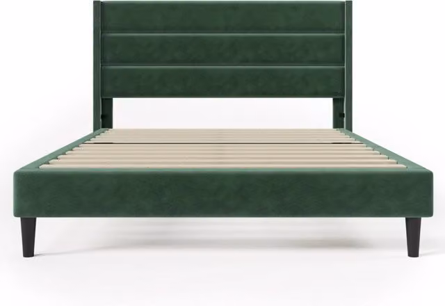 Letto matrimoniale imbottito 140x200 cm con rete a doghe e testiera in velluto verde scuro