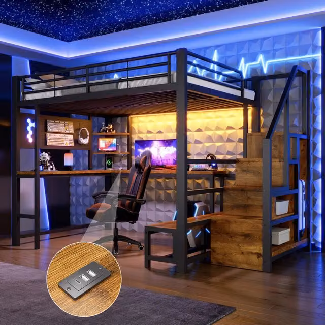 Letto a castello 140 x 200 cm, con tavolo, USB e USB-C, pannello forato, mensole, armadio scala, LED, senza materasso - Nero