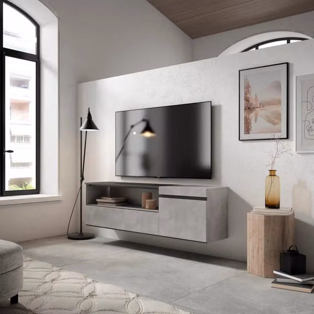 Mobile TV da soggiorno SKRAUT HOME moderno da appendere, L: 150 cm, P: 35 cm, H: 45 cm, grigio cemento e nero con dettagli in legno – 1