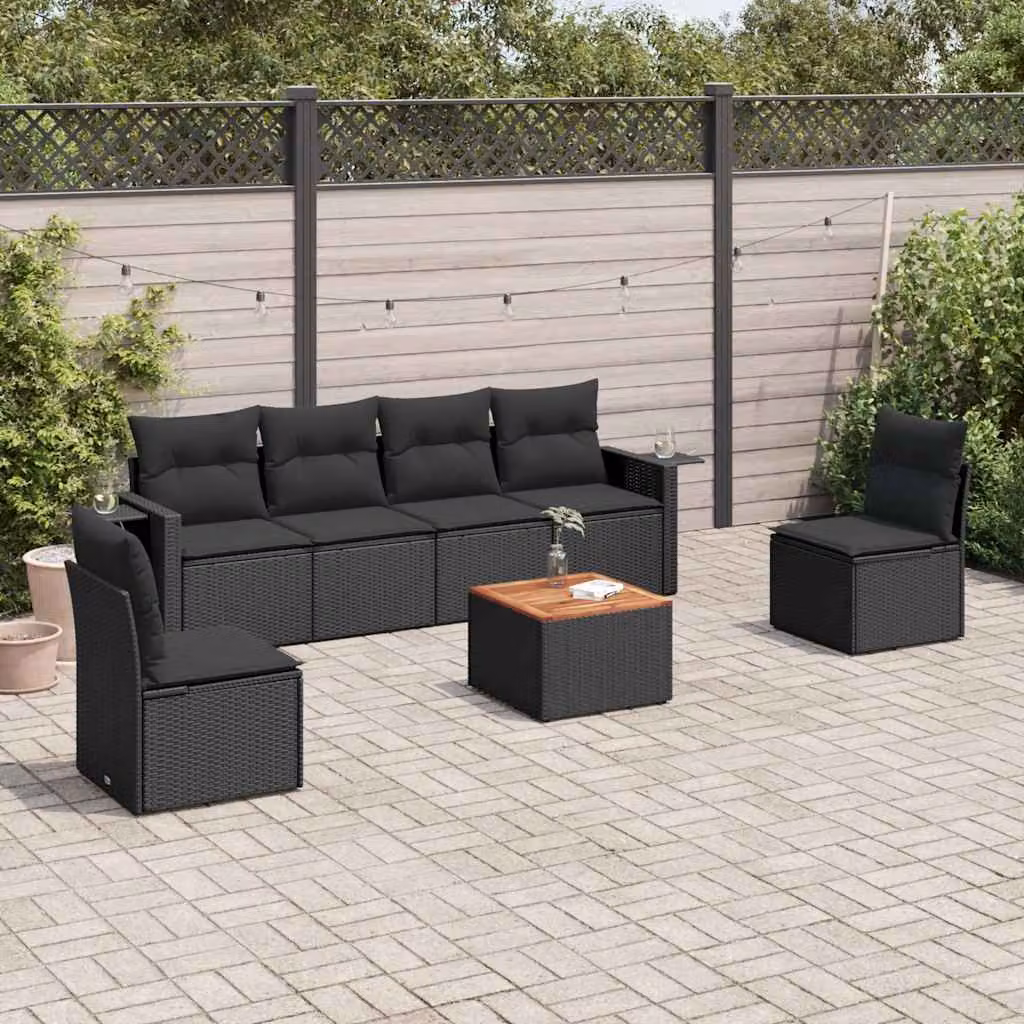 vidaXL Set Divani da Giardino 7pz in Polyrattan Nero con Cuscini e Tavolino – 1