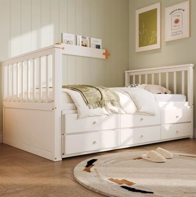 Letto a una piazza 90x200 cm con cassetti e letto estraibile in pino e MDF bianco