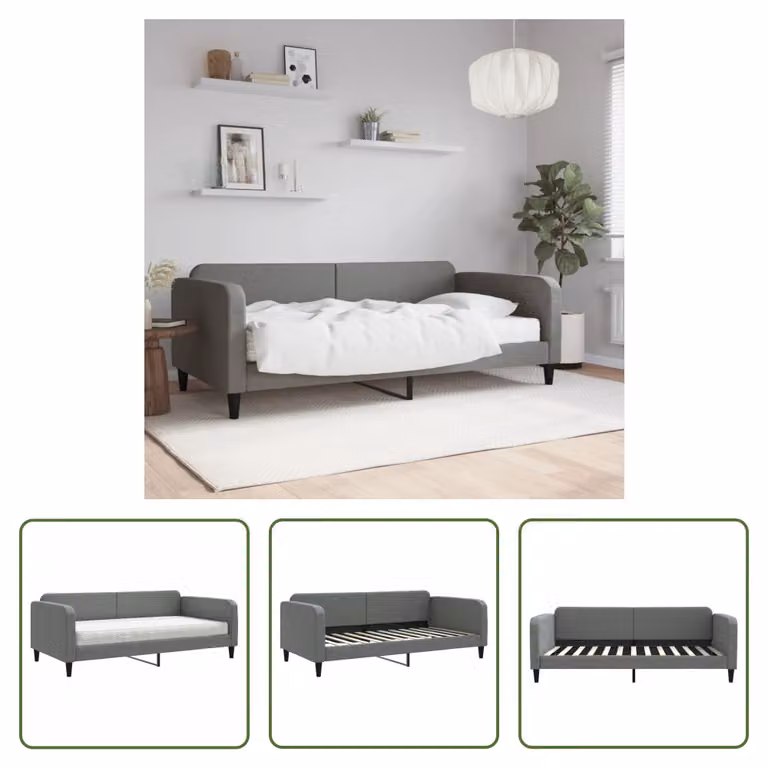 The Living Store Letto da giorno con materasso grigio scuro 100x200 cm in tessuto