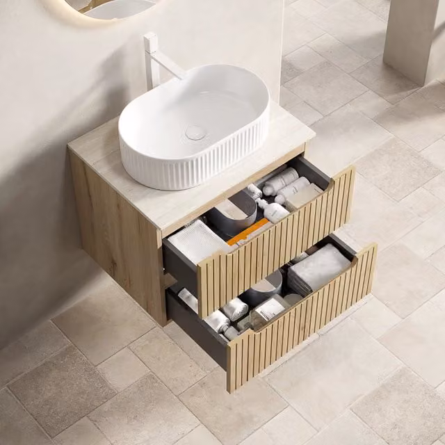 Mobile bagno sospeso da 60 cm con lavabo ovale in ceramica e due cassetti