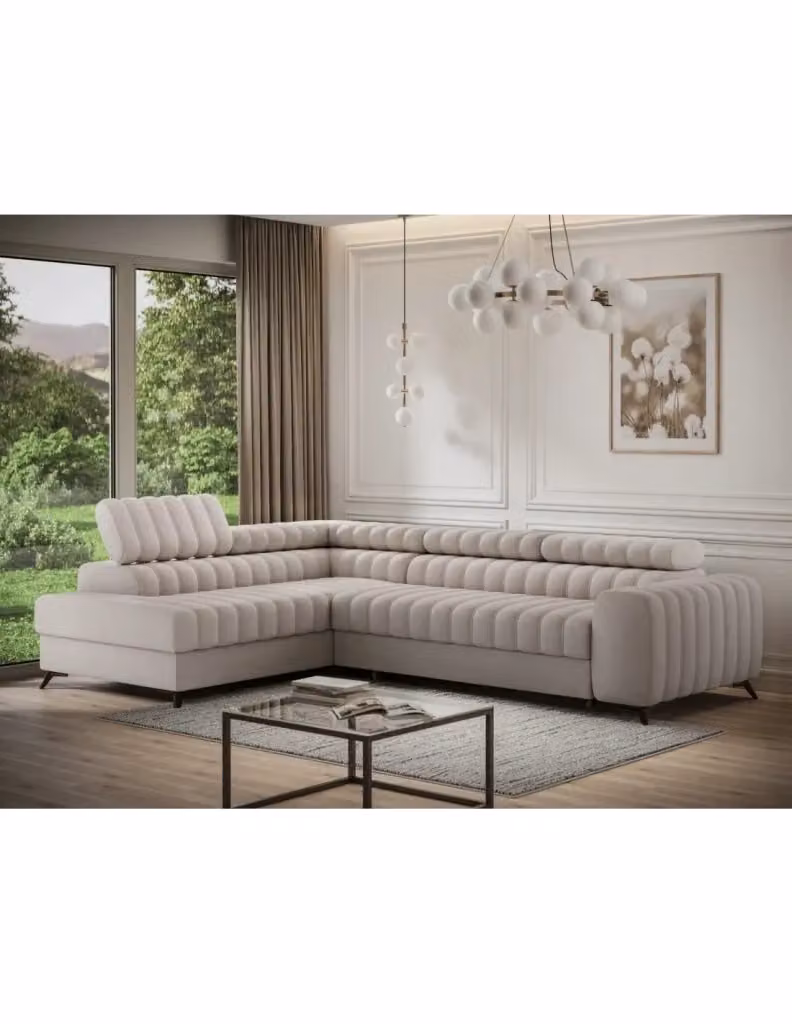 Divano ad angolo con funzione letto collezione KANEDOJO di MEUBLORAMA colore Beige con struttura in legno e metallo e poggiatesta regolabile – 2