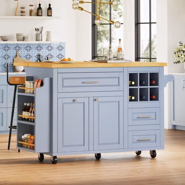 Carrello da cucina 143x75x91 cm con piano pieghevole in MDF e metallo blu
