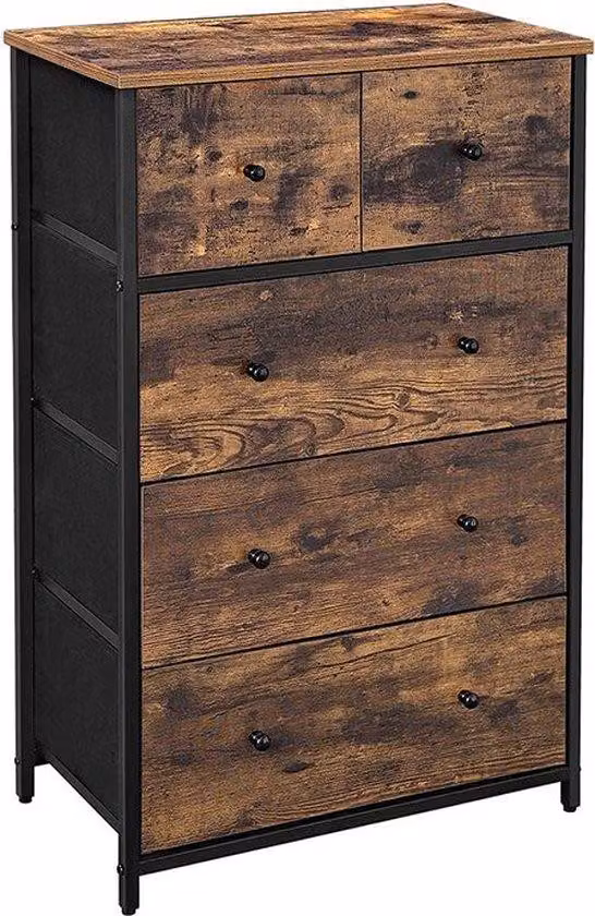 Mobile contenitore Rootz – Comò – Comò con cassetti rivestiti in tessuto – Mobile contenitore in legno – Mobile contenitore di design – Marrone vintage/Nero – 56 x 30 x 89,3 cm