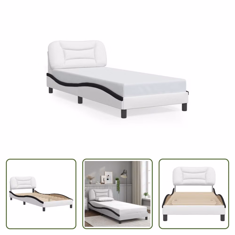 The Living Store Struttura letto con testiera bianca e nera 80x200 cm in ecopelle