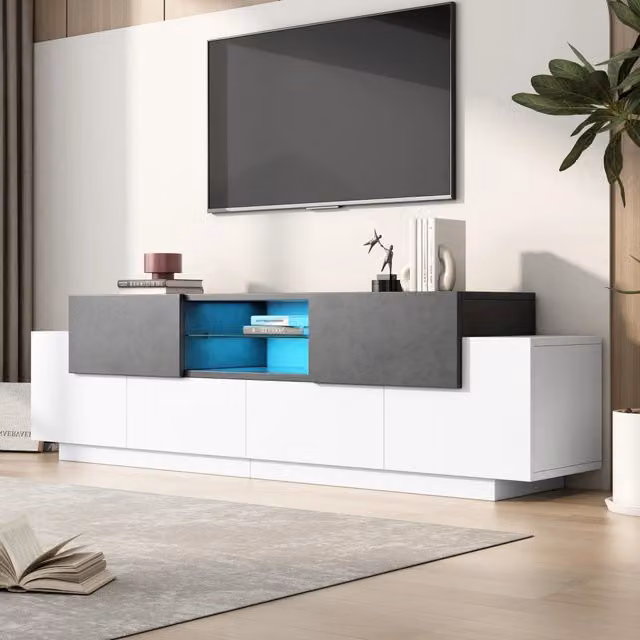 Mobile TV LED con 2 cassetti, 4 vani e 3 ripiani aperti, per soggiorno, in truciolare bianco e grigio, 180 × 40 × 45 cm