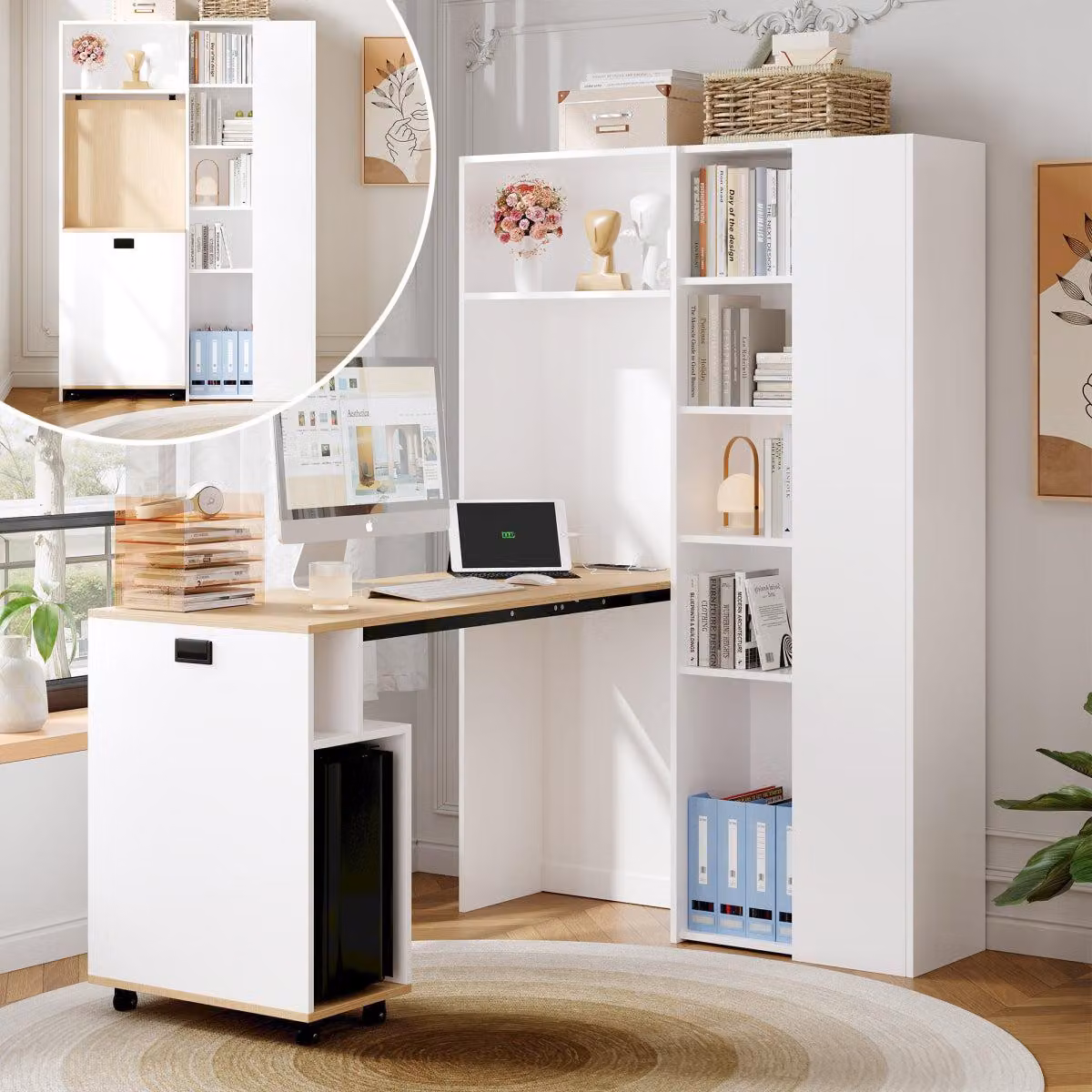 Scrivania pieghevole con ripiano, presa USB, regolabile in altezza, bianca, scrivania angolare, lato destro