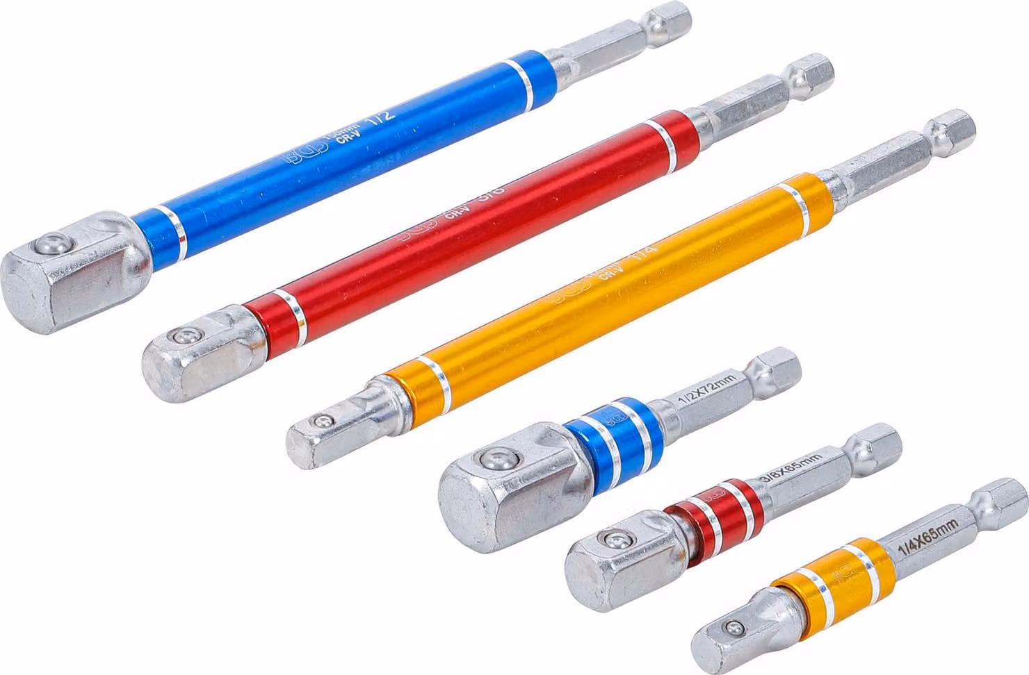 BGS Set di adattatori per trapani colorati Esagono esterno 6,3 mm (1/4") Uscita quadra esterna 6,3 mm (1/4") / 10 mm (3/8") / 12,5 mm (1/2") 75 - 150 mm 6 pezzi - 74424