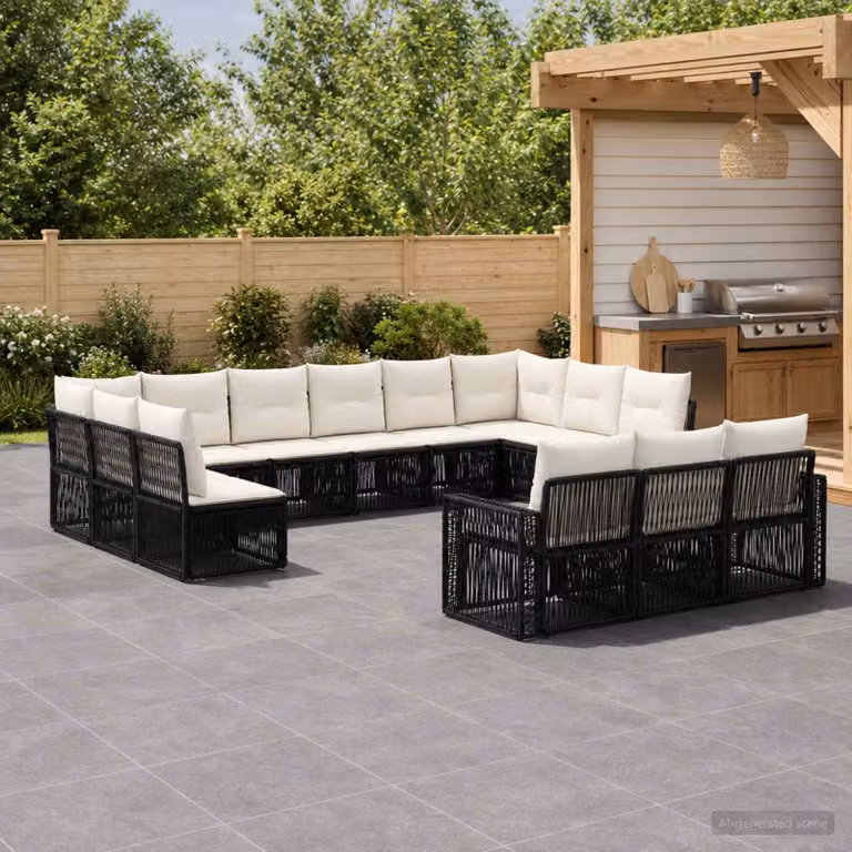 Set Divano da Giardino vidaXL 13 pz a forma a U in Polyrattan con Cuscini, Nero e Bianco Crema