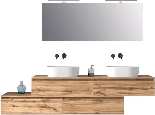 Composizione bagno ASTRA con doppio lavabo in 9 pezzi, colore quercia marrone, con mobile vanity e pensile specchio con illuminazione LED e chiusura soft-close, L: 220 cm, P: 45 cm, H: 190 cm