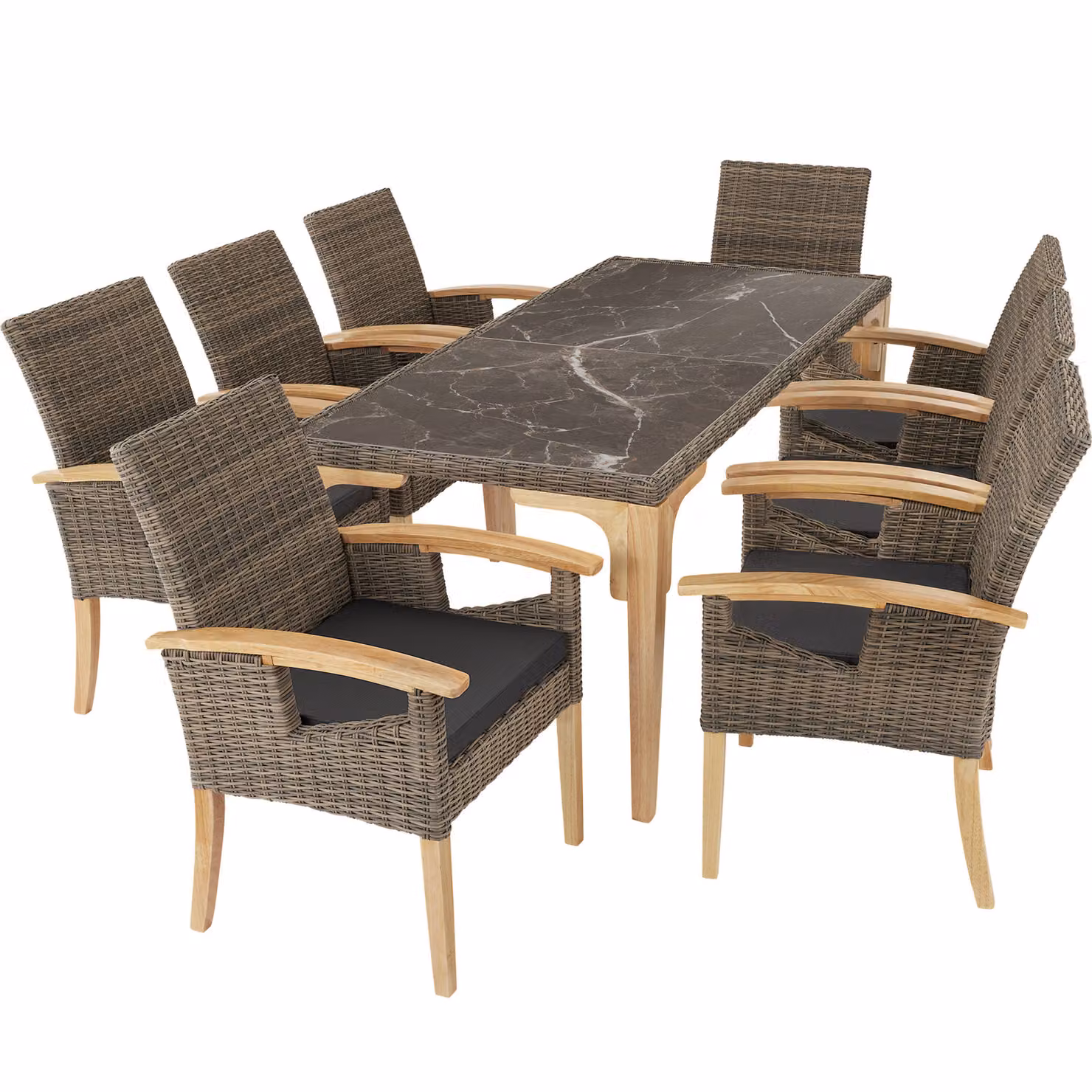 Tavolo rettangolare moderno in polyrattan e legno di gomma tectake, resistente ai raggi UV, colore beige/grigio
