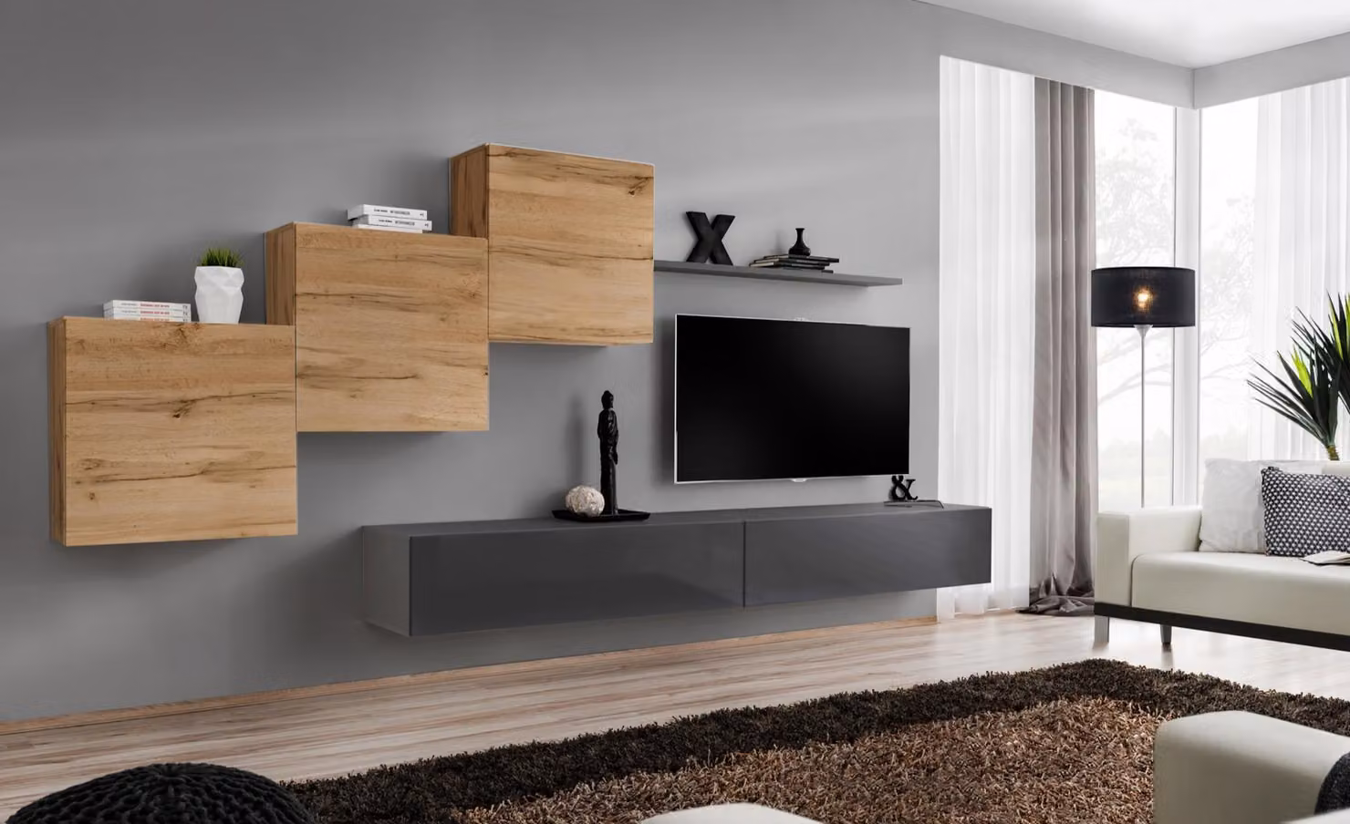 Designer Wohnzimmermöbel Wohnwand Grau TV Ständer Moderne Sideboard Wandregal