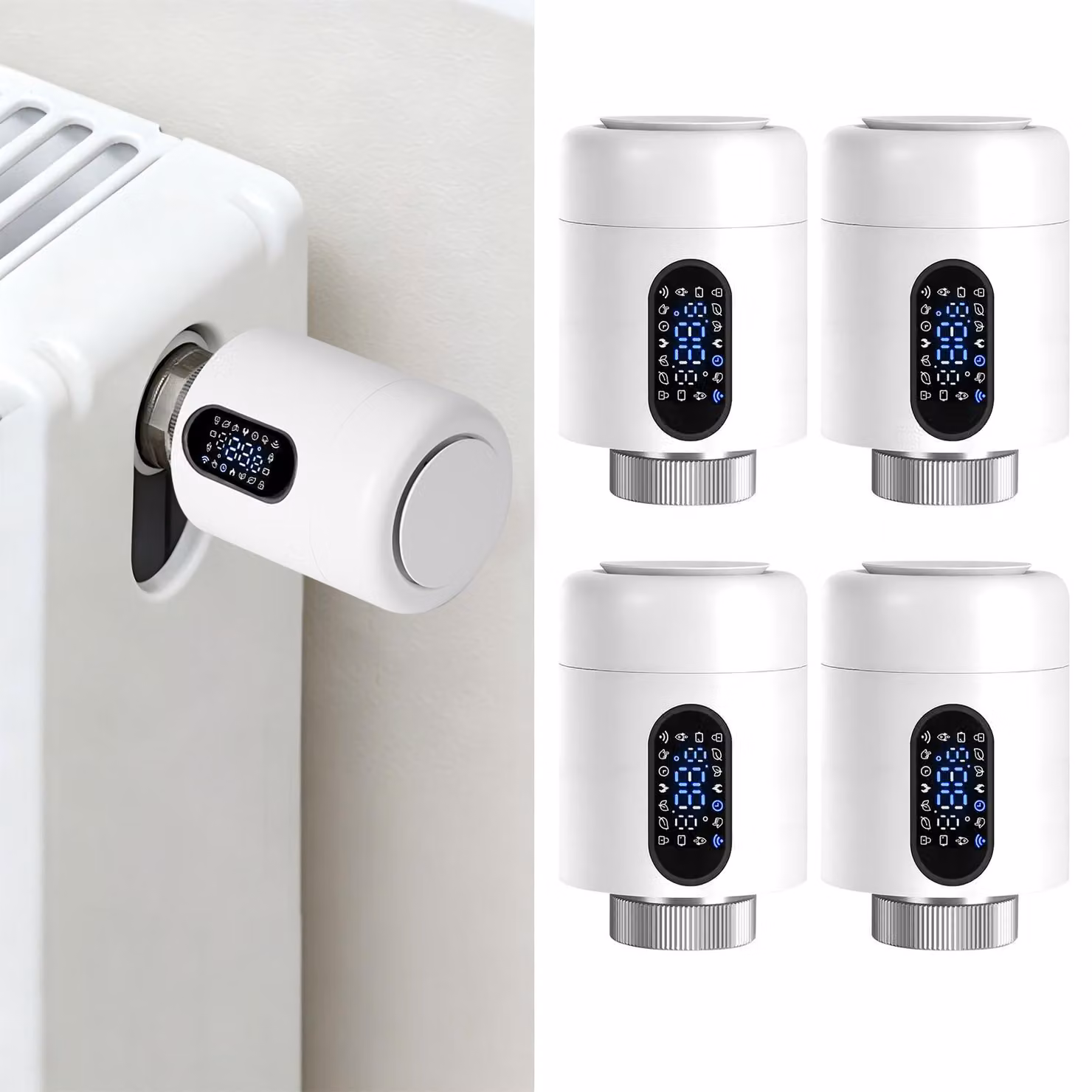Set di 4 termostati per radiatori Ikodm, termostati intelligenti bianchi, controllo tramite app Wi-Fi, rilevamento finestre, protezione antigelo, 7 adattatori