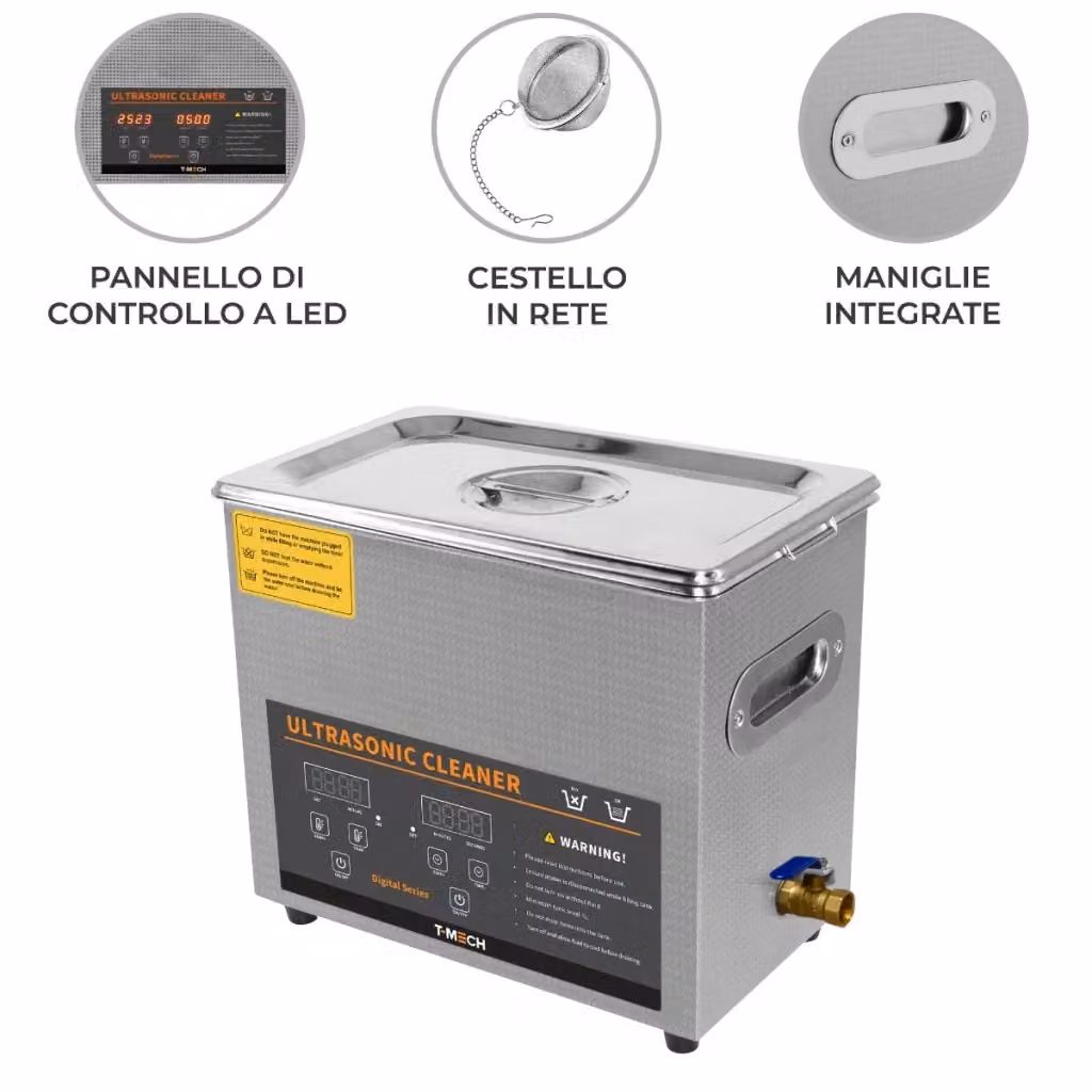 Vasca di pulizia ad ultrasuoni digitale T-Mech in acciaio inossidabile color argento con funzione timer e riscaldamento, capacità 5,8 l – 2