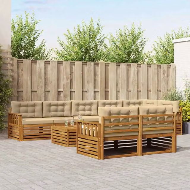 Set di divani da esterno vidaXL a forma di L in legno di acacia con tavolo da caffè e cuscini, Beige – 1