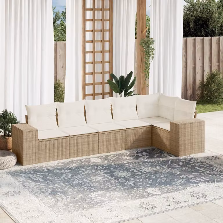 vidaXL Set Divano da Giardino 6 pz a L in Polyrattan con Cuscini Beige e Rivestimenti Rimovibili