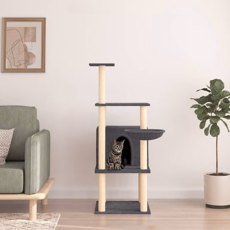 Albero per gatti vidaXL con tiragraffi in sisal e amaca, colore grigio, Altezza: 132 cm