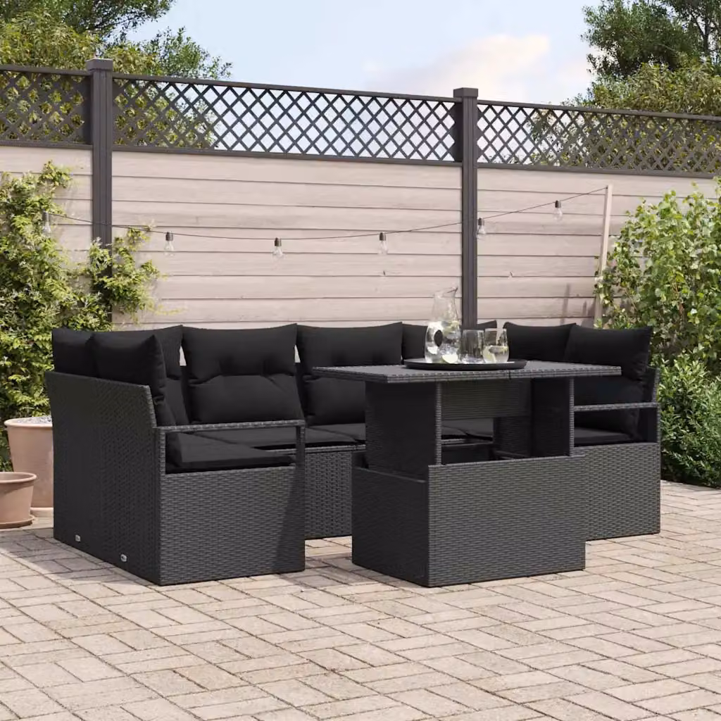 Set Divano da Giardino vidaXL in 7 Pezzi in Polyrattan Nero con Cuscini e Tavolino da Esterno – 1