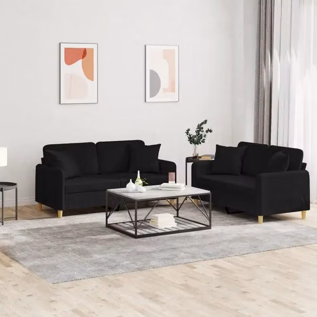 Set di 2 divani moderni vidaXL in tessuto nero con cuscini decorativi per soggiorno – 1