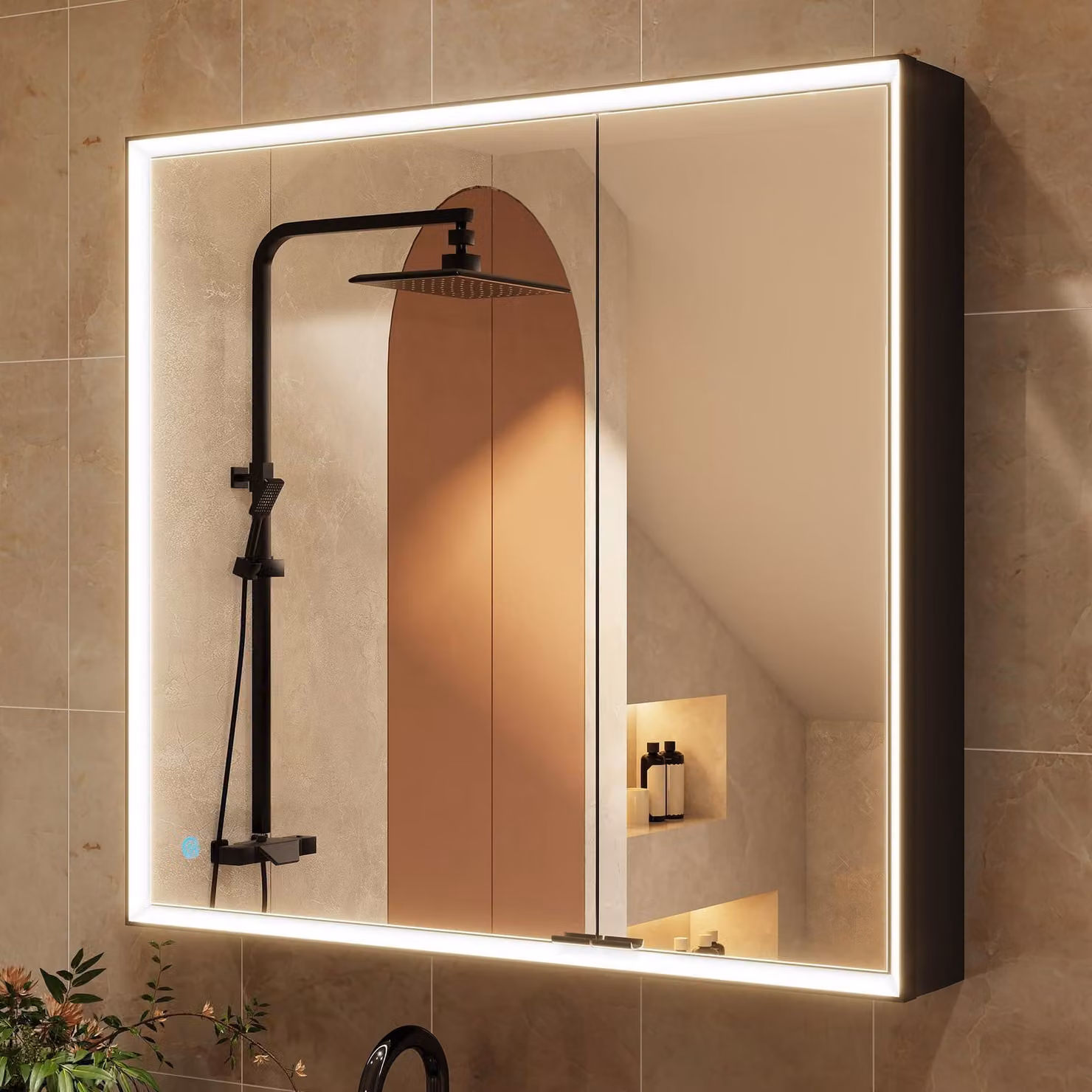 Armadietto medico con illuminazione a LED, dotato di specchio, con possibilità di regolare l'intensità luminosa, disponibile in 3 colori, con 2 prese di corrente e porta USB