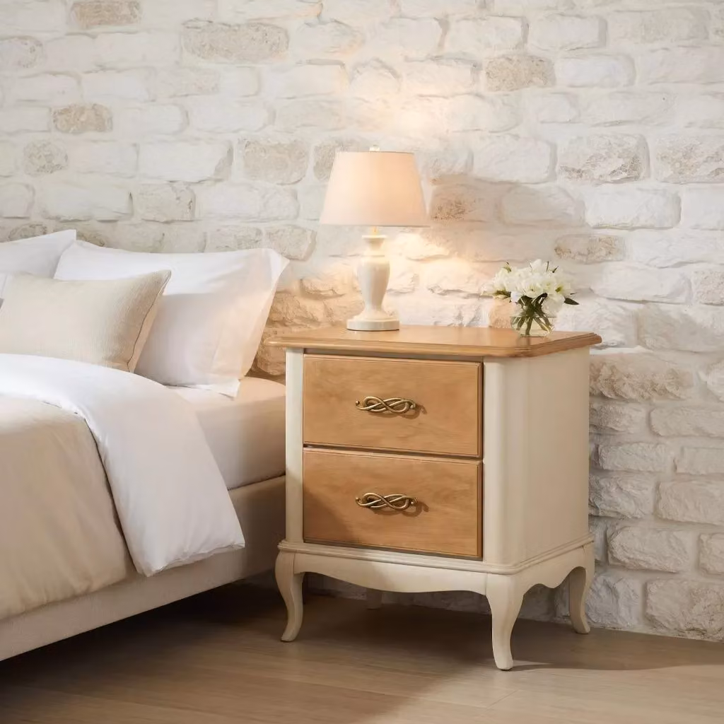 Comodino classico con 2 cassetti in legno grezzo Mobili 2G L: 61 cm, P: 41 cm, H: 71 cm – 2