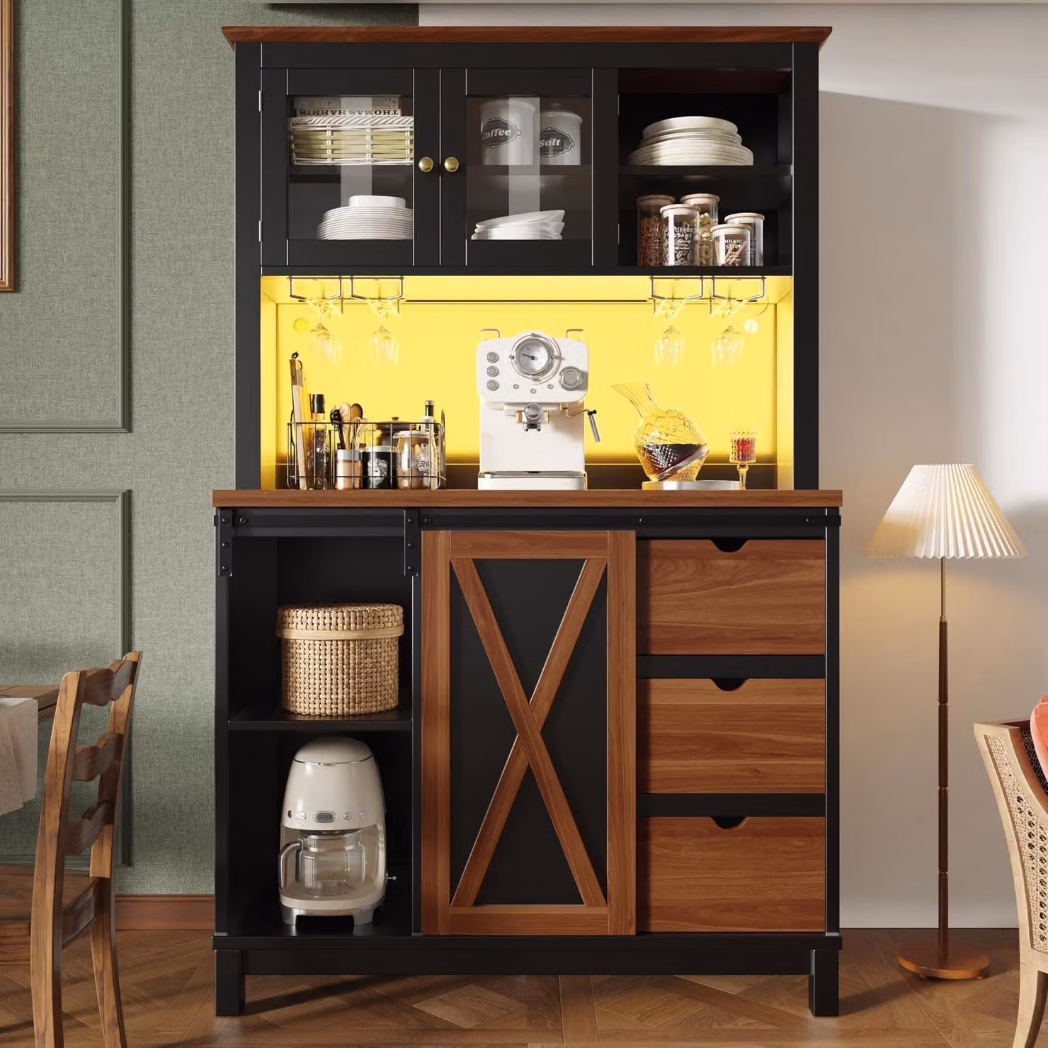 Armadio alto da cucina con illuminazione a LED e controllo tramite app, dimensioni 104x40x180 cm, colore nero