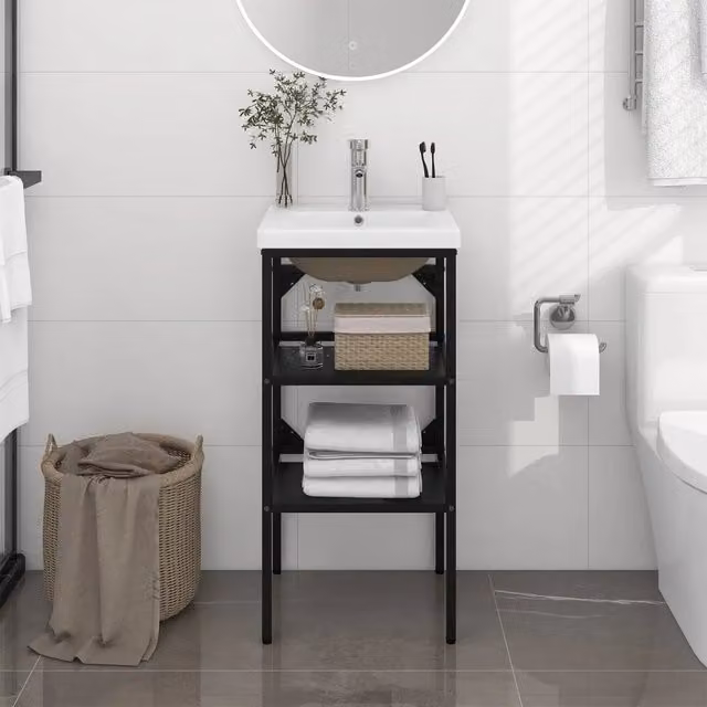 Mobile Lavabo da Bagno Moderno vidaXL con Lavabo Integrato in Ceramica Bianca e Struttura in Metallo Nero a Parete