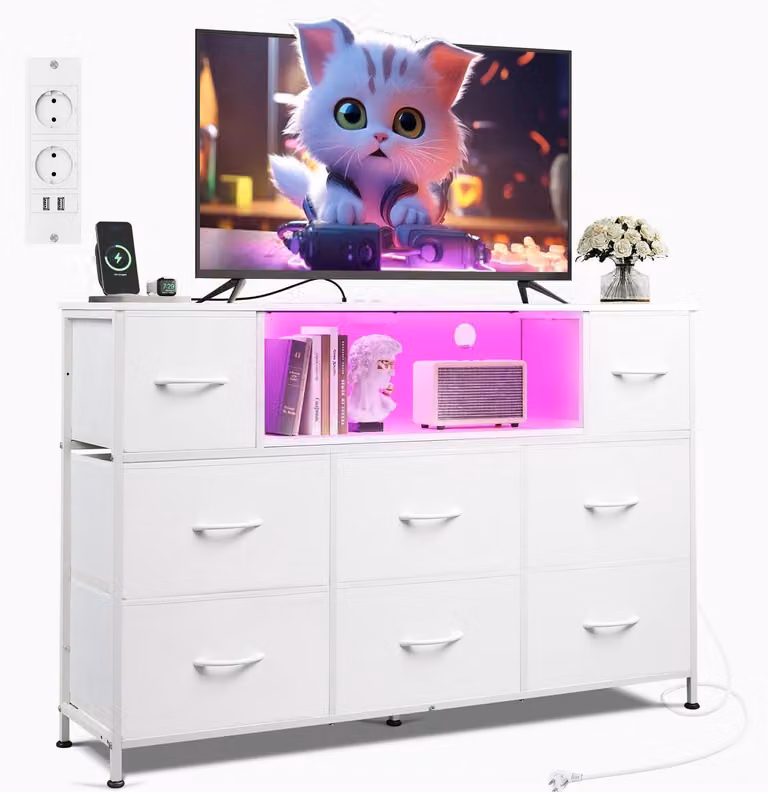 Comodino con 8 cassetti rivestiti in tessuto e prese di corrente, dimensioni 120x30x79 cm, colore bianco