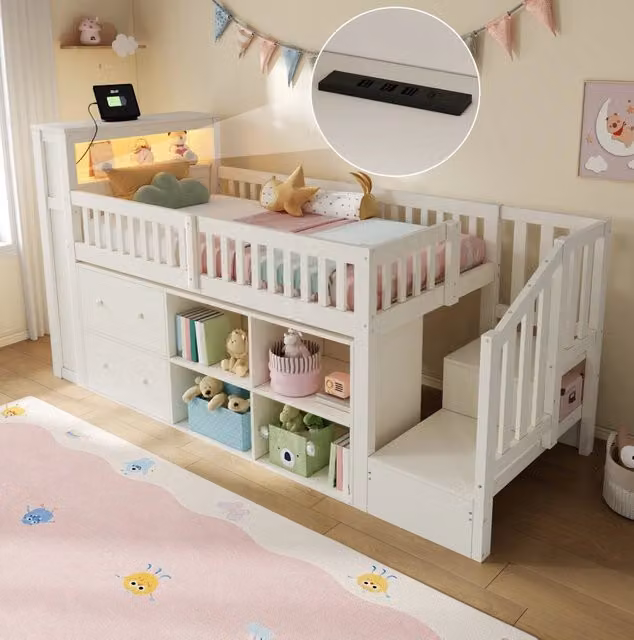 Letto rialzato 90x200 con cassetti, LED e armadio scala