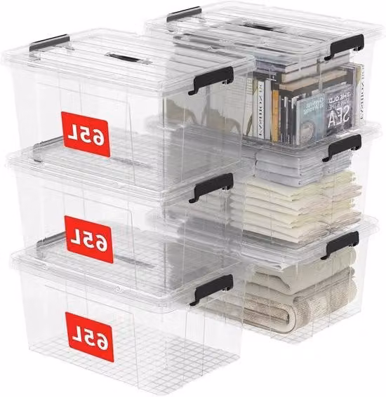 Contenitore di archiviazione in plastica da 65L con coperchio - contenitore organizzatore con maniglia e chiusura sicura a gancio - stivabile e sovrapponibile - borsa portatile per ufficio e abbigliamento