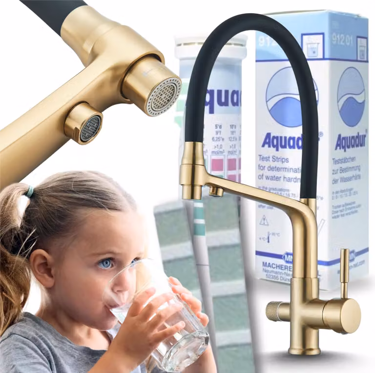 Rubinetto da cucina a 3 vie Ari Flexible, doccetta estraibile, canna girevole 360 gradi, per acqua filtrata, oro spazzolato