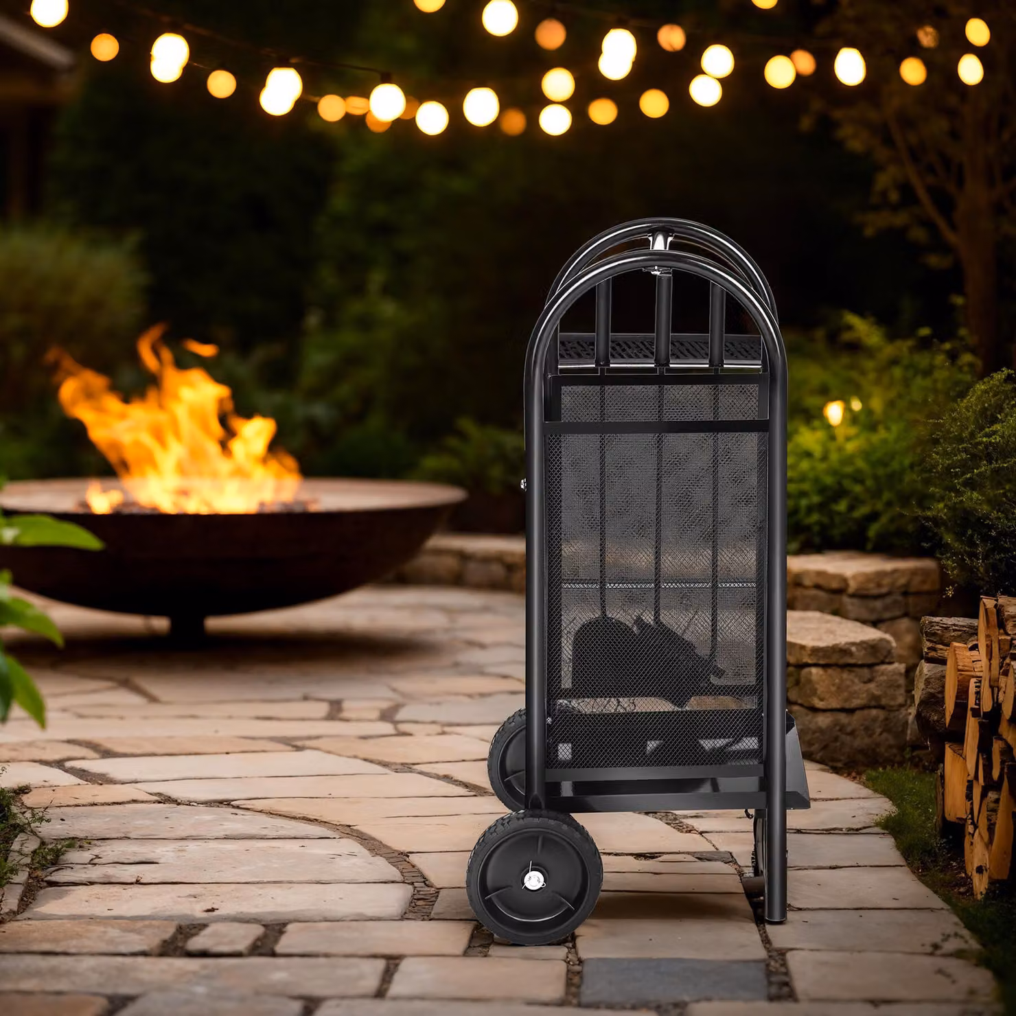 Carrello portalegna tectake nero con paletta, attizzatoio e scopa, H: 80,5 cm, L: 42,5 cm, P: 38 cm – 1