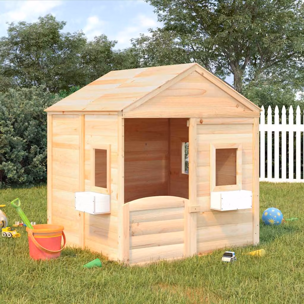 vidaXL Casetta per bambini in legno massello marrone con finestra e tetto a capanna L/P/H: 120 x 125 x 132 cm – 1
