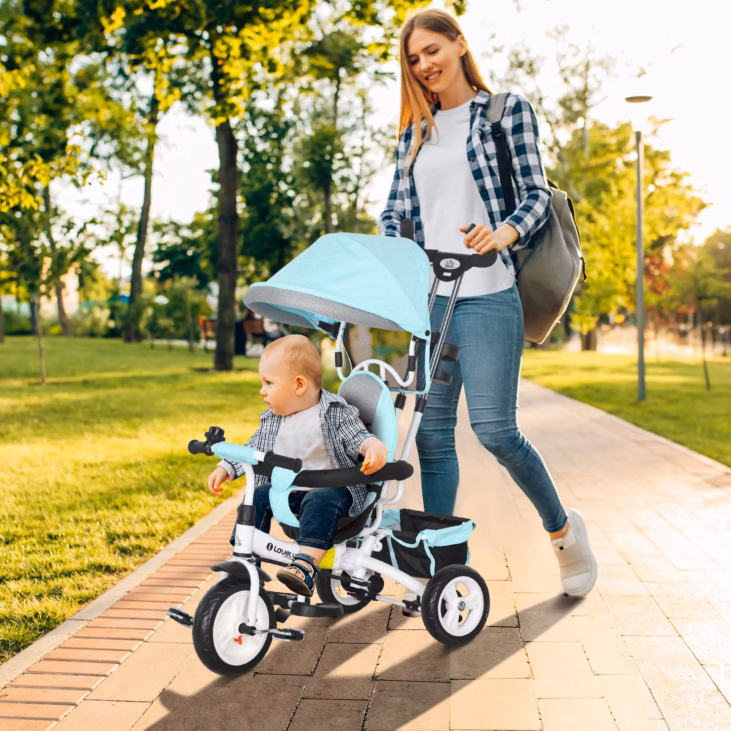 Triciclo 6 in 1 HOMCOM per bambini con tettuccio, cintura di sicurezza a 5 punti e freno, verde – 2