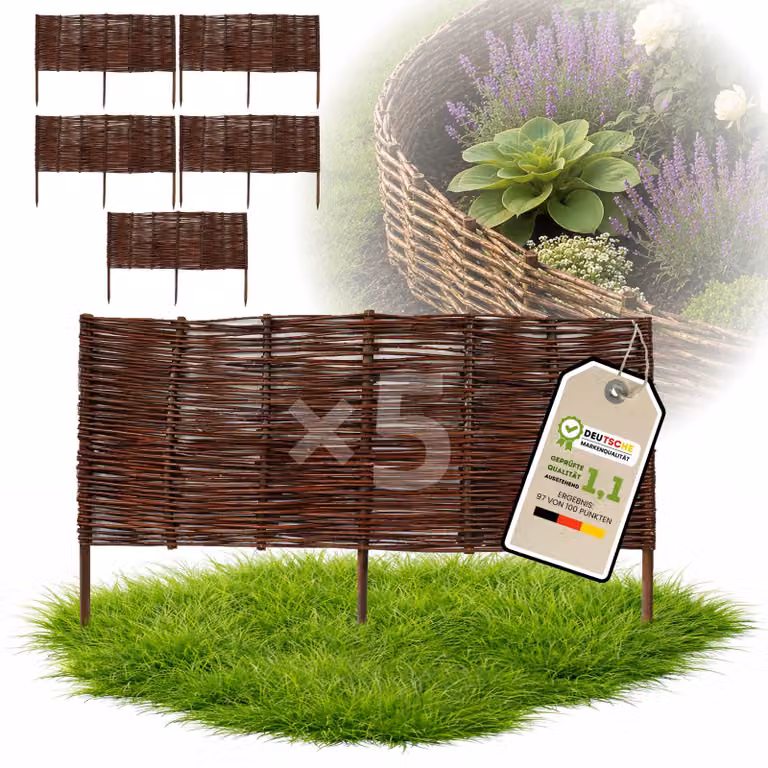 Floranica 5 pezzi Recinzione in vimini 30 cm x 100 cm – Staccionata da giardino intrecciata Palizzata Recinzione naturale Bordo aiuola