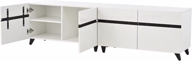Mobile TV in MDF bianco con finitura lucida, 180x40x49 cm, con 4 armadietti e ripiani regolabili, supporto fino a 52 kg, per TV fino a 80 pollici