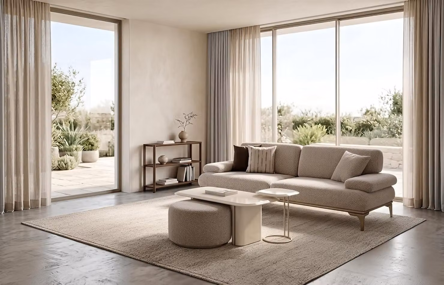 Divano a 3 posti, tavolino, poggiapiedi, libreria, stile moderno, colore beige, set