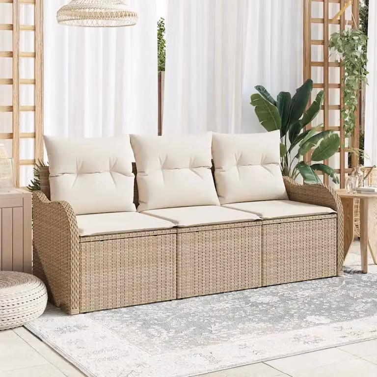 Set Divano da Giardino vidaXL 3 Pezzi Beige con Cuscini e Tavolino in Polyrattan e Metallo