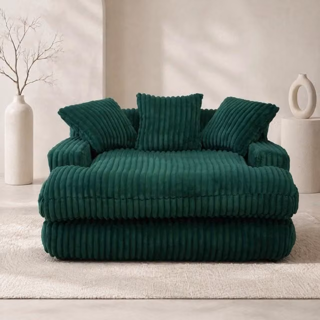 Chaise longue 125x155x63 cm verde smeraldo, 3 cuscini, velluto a coste, senza montaggio