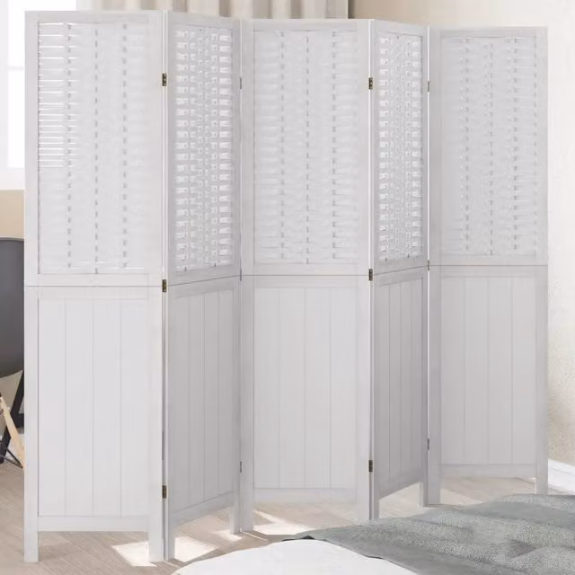 Paravento Divisorio per Ambienti DESIGN IN a 5 Pannelli in Legno di Paulownia e Rattan Bianco H: 180 cm, L: 175 cm